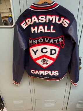 Navy Erasmus Hall Bklyn Letterman Bomber Jacket with Red & White Patches Rare